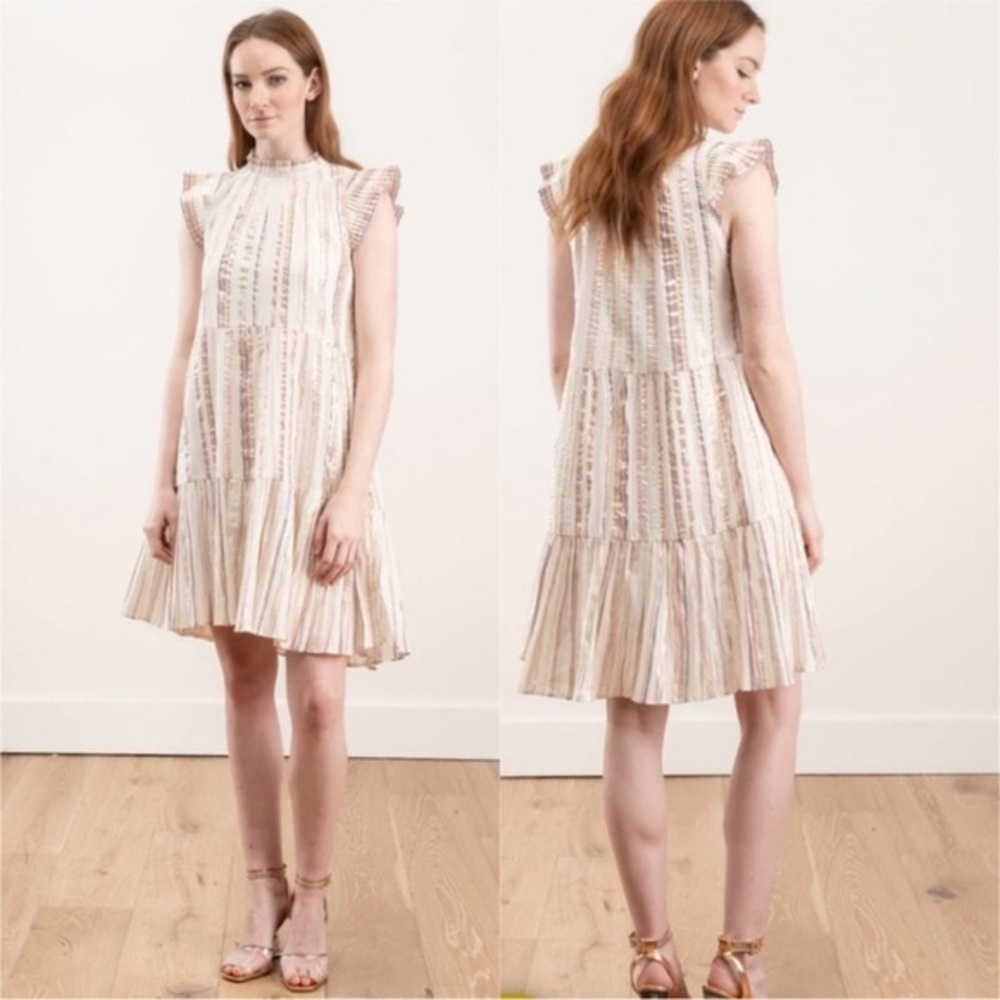 Sea‎ New York Harriet Ruffle Metallic Shimmer Tiered Cream Dress Size 10